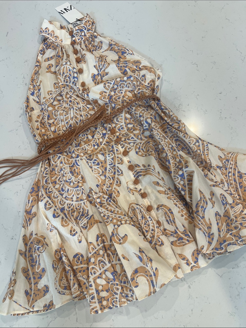 Zara Cream, Tan & Blue Paisley Button-Front Dress